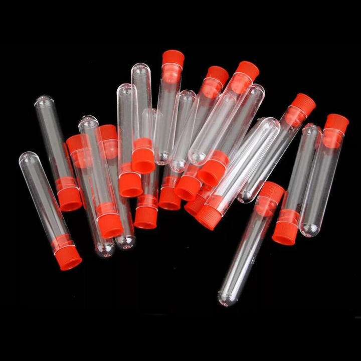 20 stuks 12x100mm Clear Plastic reageerbuizen met plastic blauw/rood stopper push cap voor school experimenten en tests