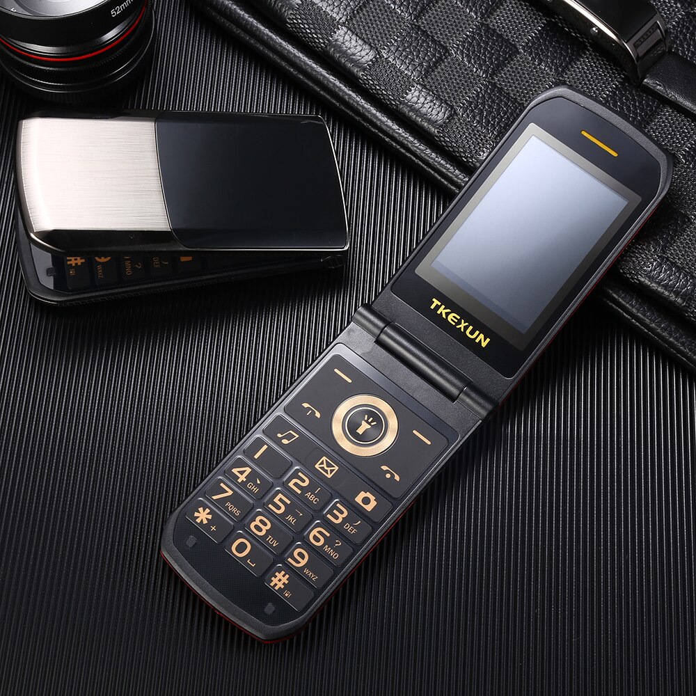 Slim Clamshell Mobile Phone For Old Senior People Flip Russian Key Dual Sim Metal Torch Extra Light TKEXUN