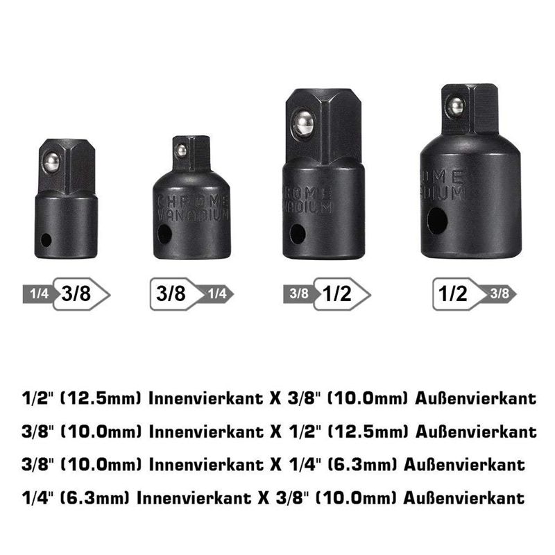 Impact Adapter En Reducer Set Extension Set Draait Power Boor In Hoge Snelheid Moer Driver. 1/4 Inch, 3/8 Inch En 1/2 Inch Dr