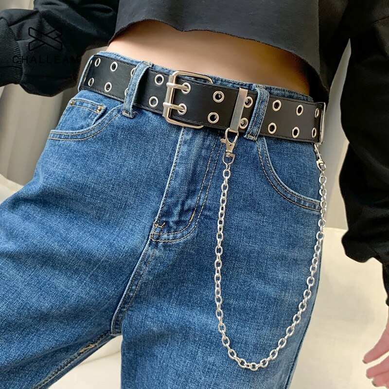 Women Punk Chain Belt Adjustable Double/Single Row Hole Eyelet Jeans Waistband with Eyelet Chain Decorative Belts