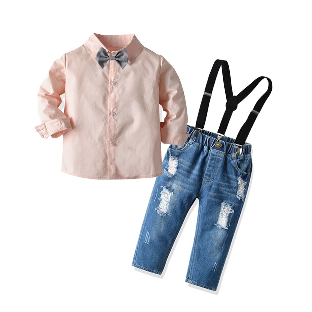 Babykostym barnkostymer 4 st/set barn baby pojkar affärskostym solid skjorta+ jean+rem+rosett för pojkar 1-6 ålder: Rosa / 24m