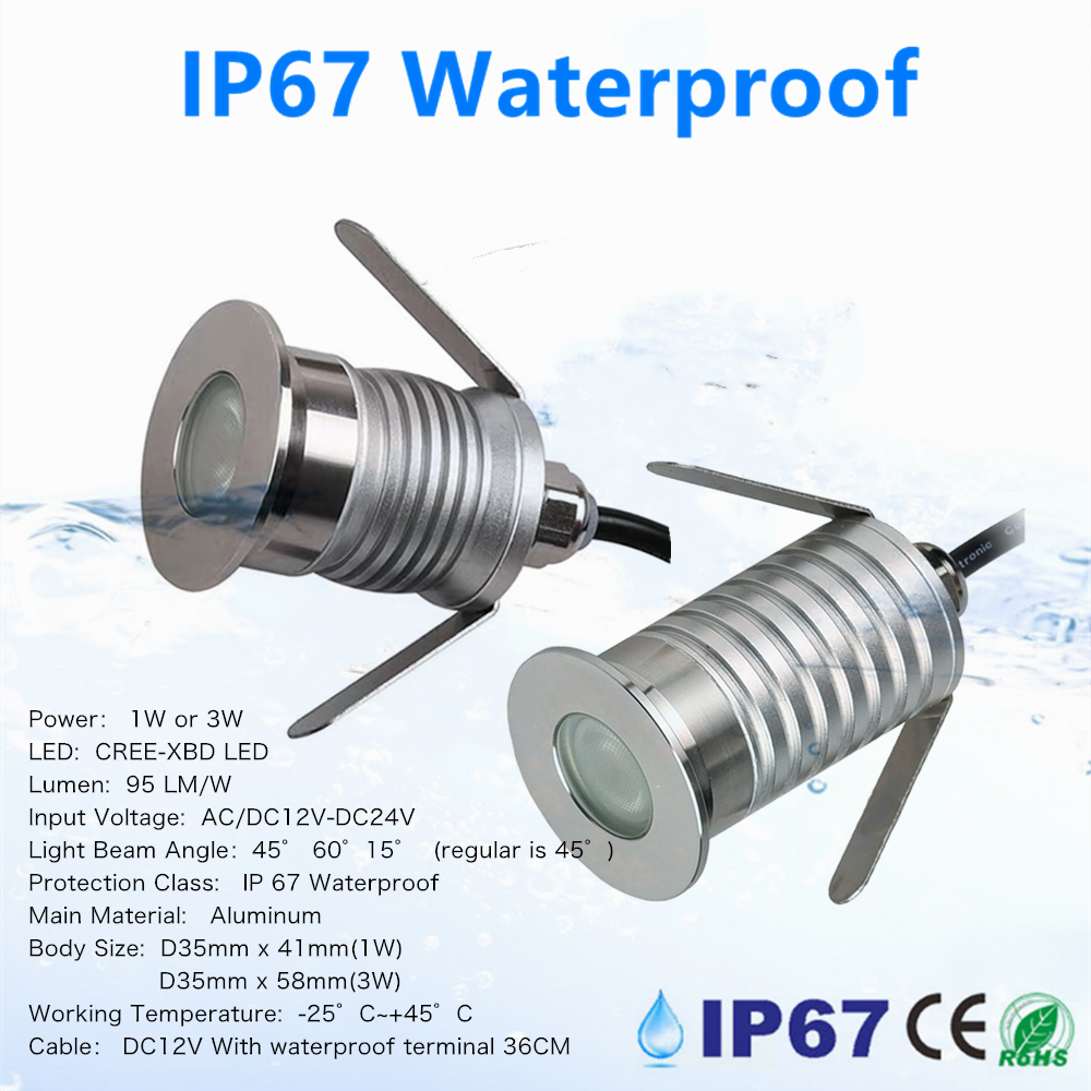 1W 3W LED Inderground Recessed Cutout 30mm Downlight Waterproof IP67 DV12V 24V Underground Outdoor Landscape Pathway Spotlight