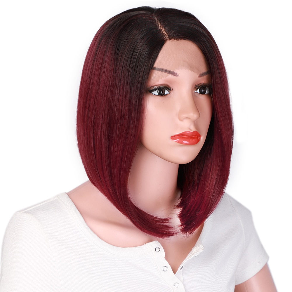 Aisi Haar 12 Inch Zijscheiding Ombre Zwart Rood Pruik Synthetische Lace Front Pruik Hittebestendige Vezel Haar Cosplay Bob pruik