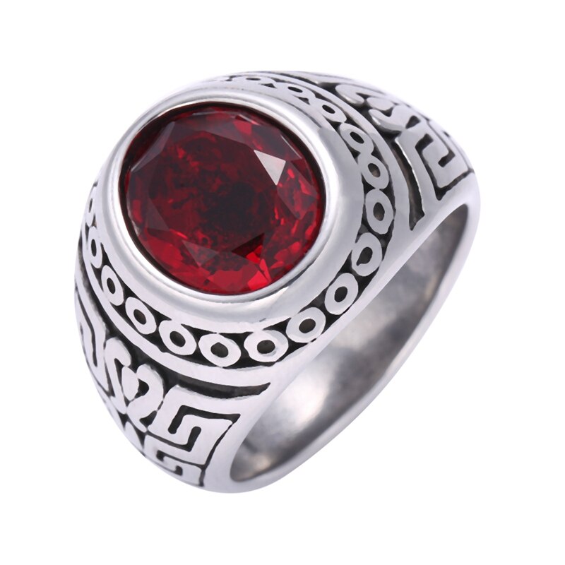 Red Zircon Men's Ring 316L Stainless Steel Ring Punk Biker Unique Ring for Male Vintage Pattern Jewelry JZ0022