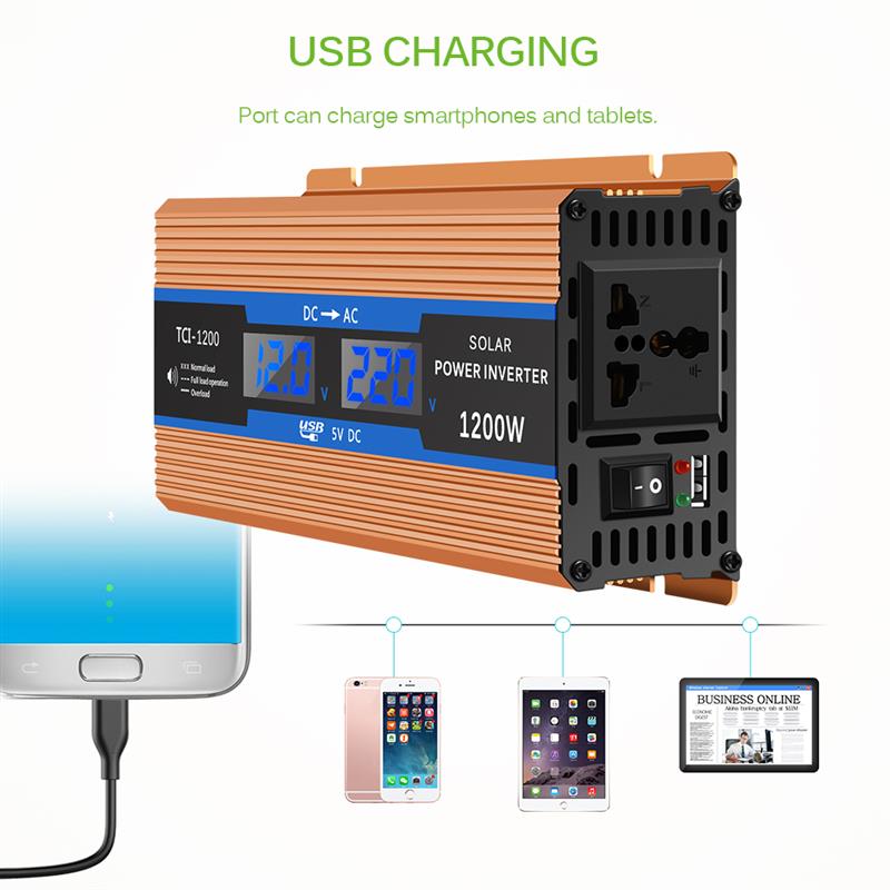 700w zuivere sinusgolf auto-omvormer 1200w piekvermogen  dc 12v tot  ac220v met lcd-scherm voor het opladen van laptop