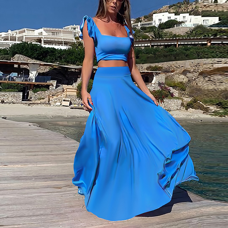 Square Neck Sling Tops & Long Skirts Sets Women Casual Sleeveless Pleated 2Pc Outfits Ruffled Solid Party Suits: S / Blue