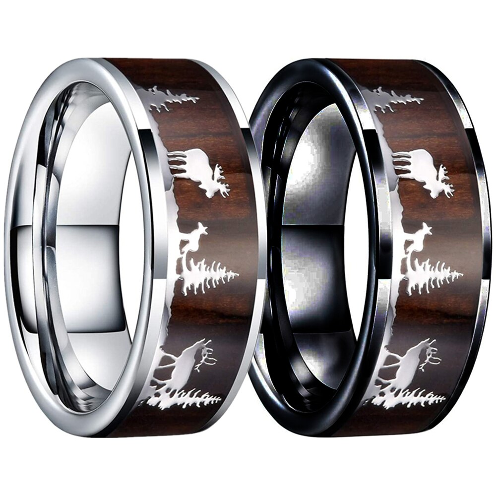 Bague de mariage en bois massif pour Couple, 8mm, en acier inoxydable, incrusté de cerf, bijou d'anniversaire de mariage, pour hommes et femmes,