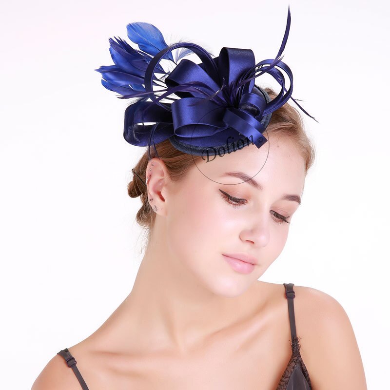 Señora sombrero de fieltro chicas maquillaje sombrero femenino estilo británico malla tocado Accesorios nupciales para el cabello sombreros de B-8295: Navy