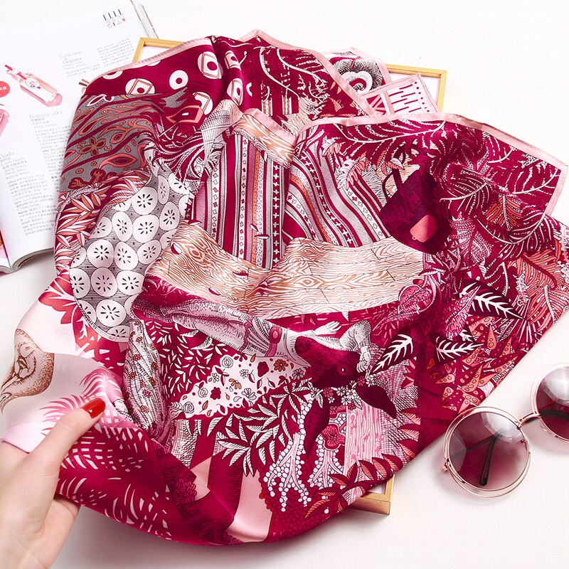 100%  firkantede silke skjerf kvinner trykt wrap silke bandana foulard femme tørkle 14mm ekte silke hals skjerf 88*88cm
