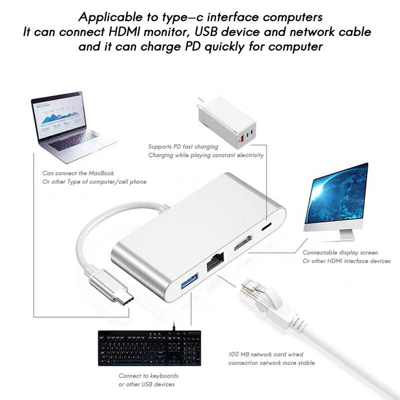 Usb C Hub 4 In 1 Type-C Docking Station Hdmi-Compatibel + USB3.0 + Pd + RJ45 usb C Splitter Voor Pc Laptop