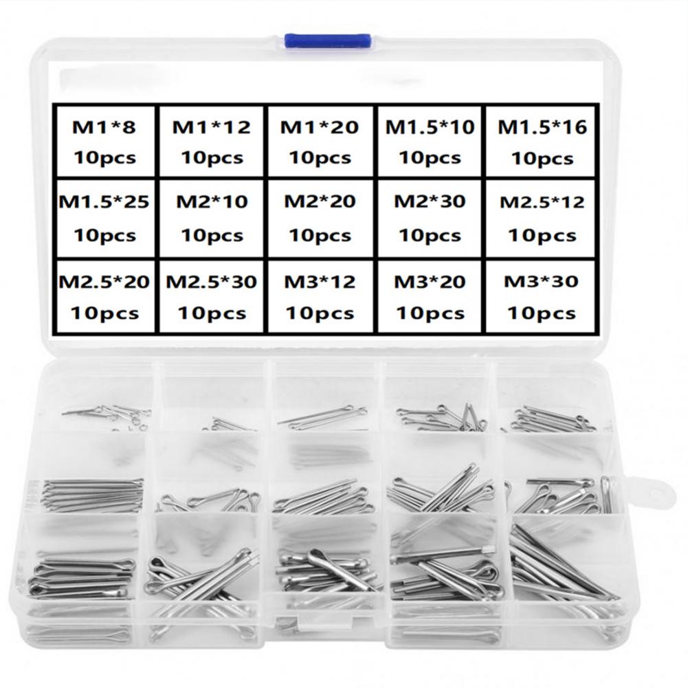150Pcs Stainless Steel Sliver Split Cotter Pins R-shaped Fixings Assorted Sizes Link Split Cotter Pins with Box for Car Garage