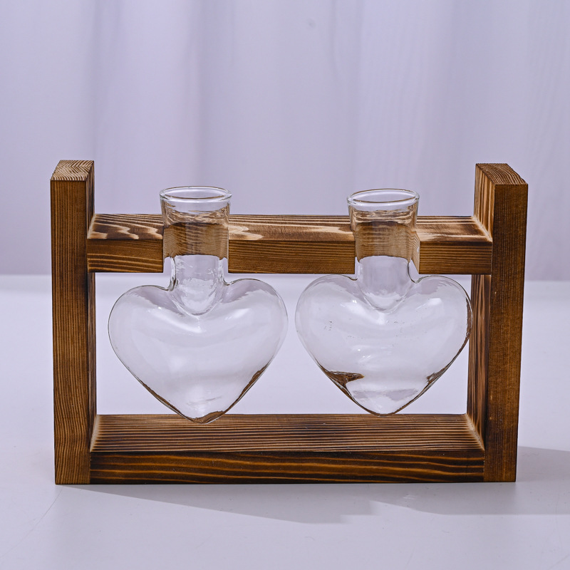 Petit Vase hydroponique avec cadre en bois, conteneur de bouteilles en verre pour plantes, décoration de maison, salon, bureau: Chocolat
