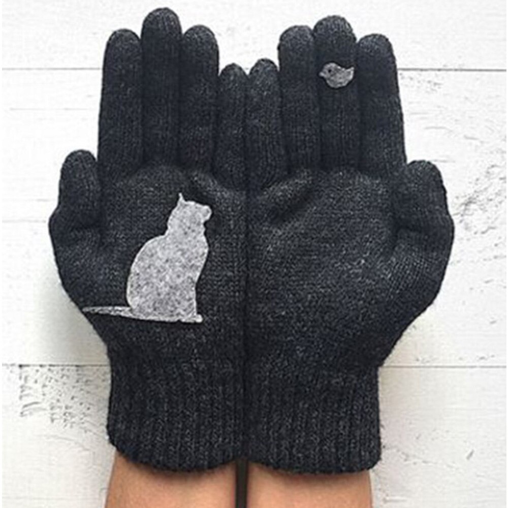 Winter Kasjmier Handschoenen Kat Vogel Cartoon Partern Afdrukken Patchwork Wollen Warme Wanten Volledige Vinger Voor Vrouwen Mannen Unisex: Black