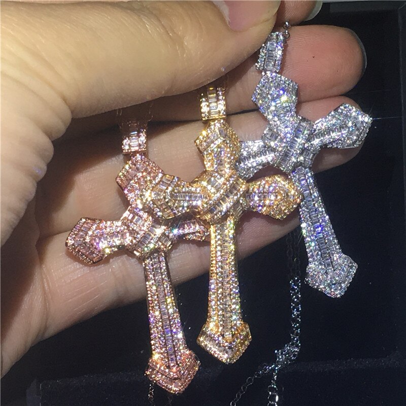 Handgemaakte Big Cross Hanger Met Ketting 925 Sterling Zilveren Aaaaa Zirkoon Cz Party Bruiloft Hangers Voor Vrouwen Mannen Sieraden