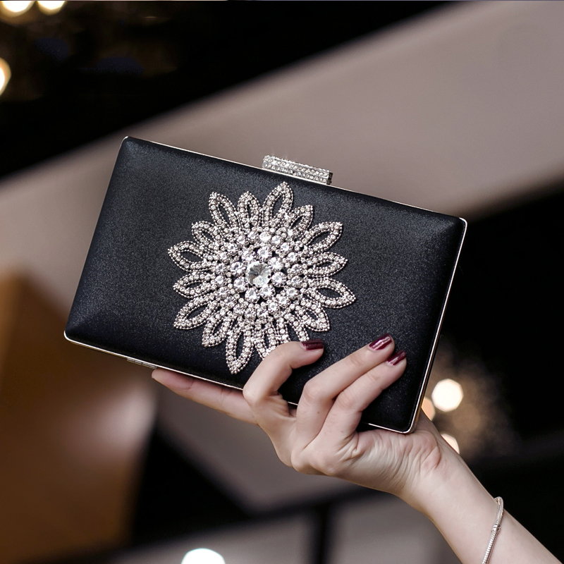 Luxy Moon White Clutch Bag Women's Evening Clutch Hand Bag Sun Flower Crystal Wedding Purse for Bridal Black Shoulder Bag ZD1525