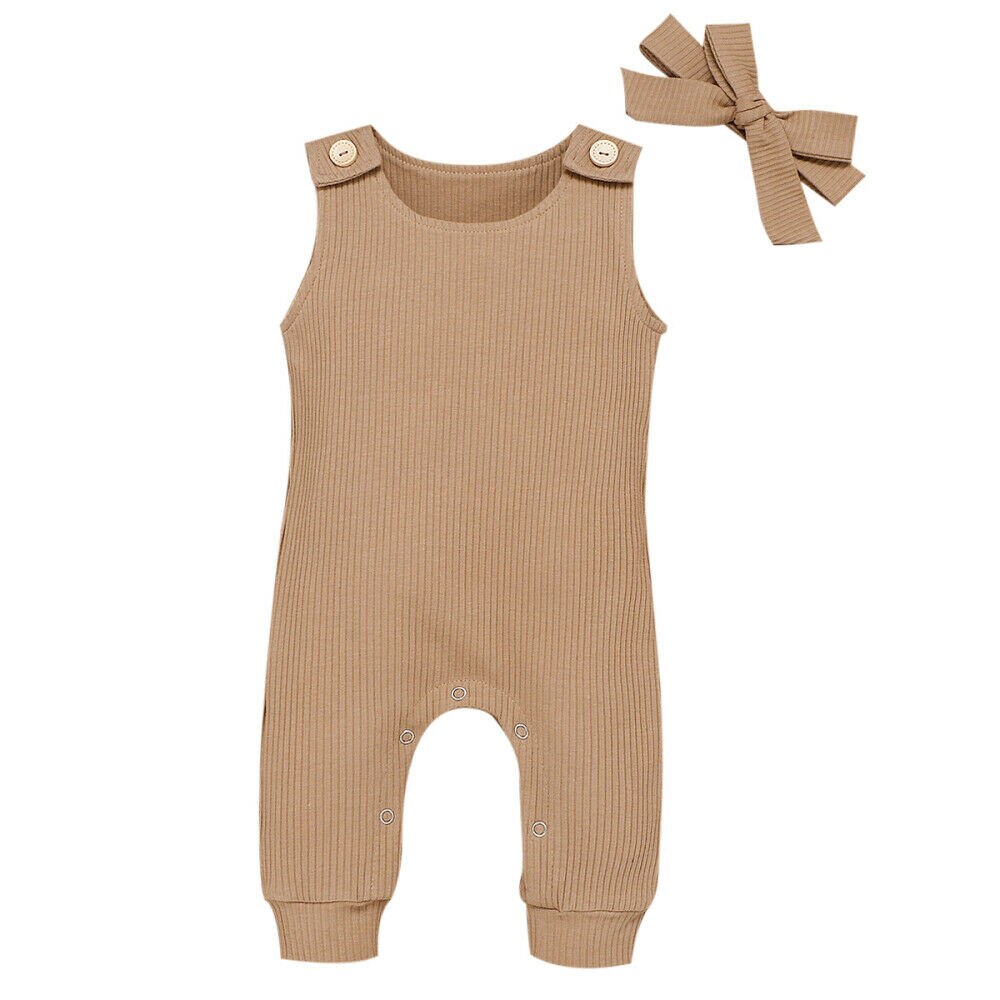 0-24m spedbarn baby jente gutt romper solide ermeløs nydelig jumpsuit+hodebånd 2 stk antrekk klær sommer: Kamel / 24m