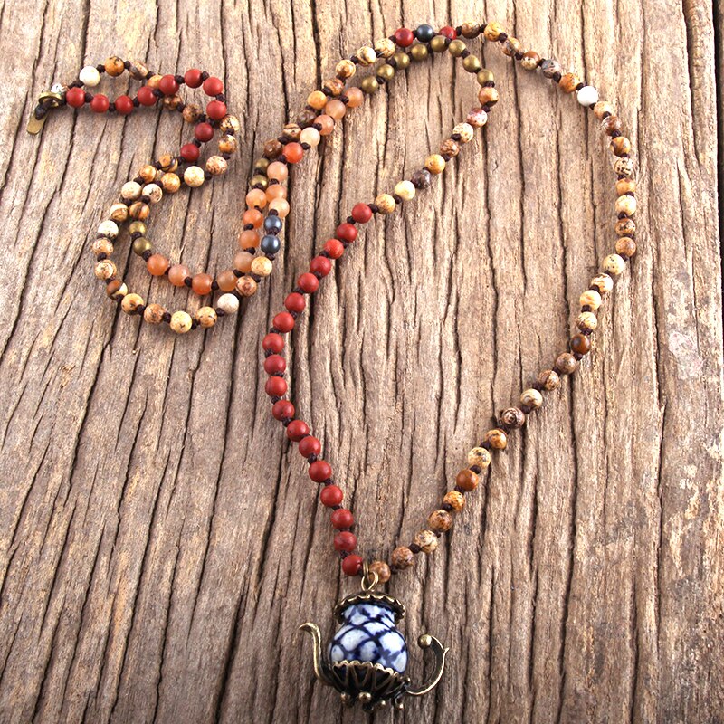 RH Boho Schmuck 4mm Natürliche Steine Porzellan Teaport Anhänger Halsketten: 1