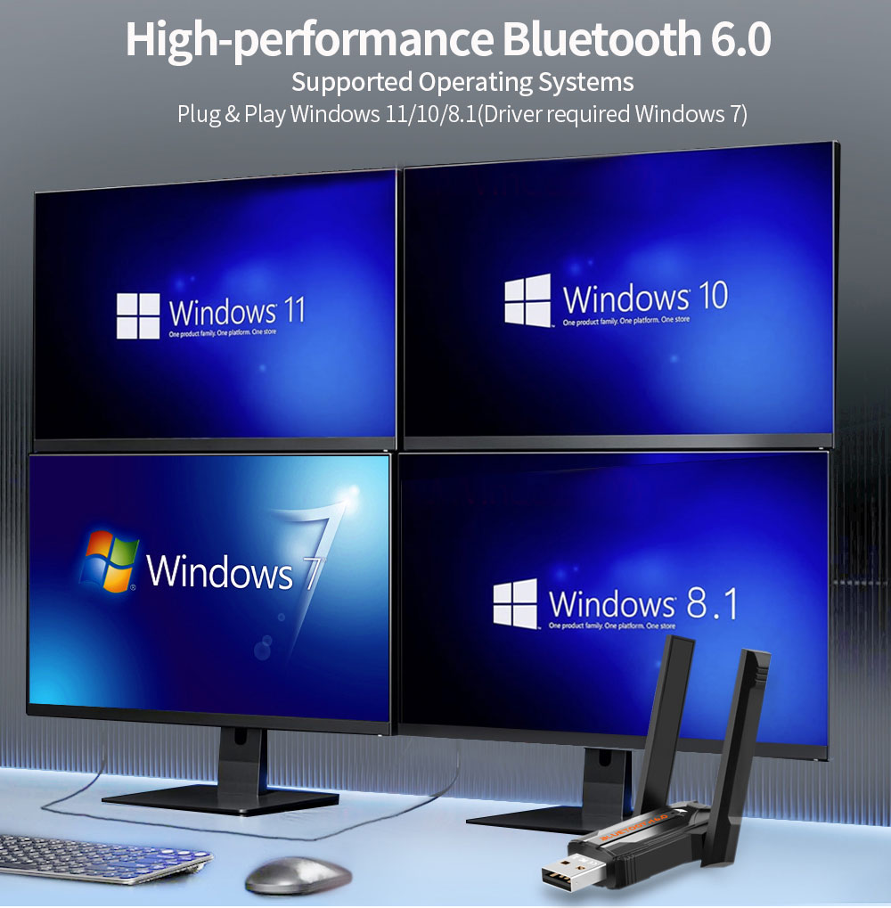 200m usb bluetooth 6.0 -sovitin tietokoneelle, langaton hiiri, näppäimistö, musiikki, kuulokkeet, bluetooth-lähetinohjain ilmaiseksi win 8.1/10/11: lle