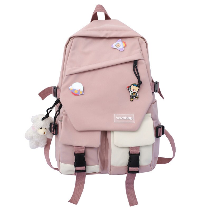 Schoolbag Female High School Students Cute Large-capacity Girl Vintage Backpack With Pendant: Beige