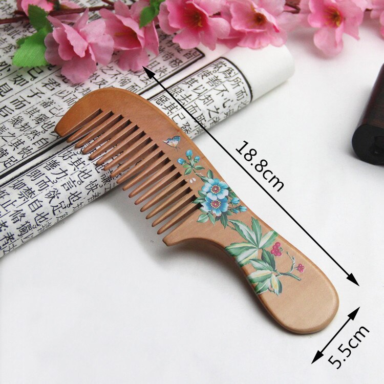 1Pcs Peach Wood Comb Flower Painted Anti-Static Natural Head Massage Comb Handmade Wooden Hair Comb Hair Styling Tools For: NO.3