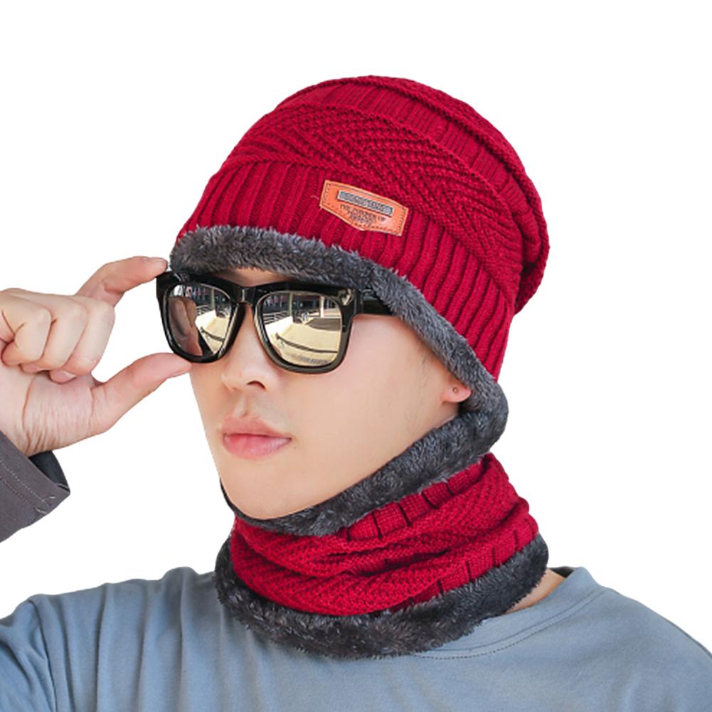 Winddichte gebreide muts/sjaalset voor heren in de winter, warme, dikke fleece muts/sjaalset, effen gebreide skimuts/ringsjaal: Rood