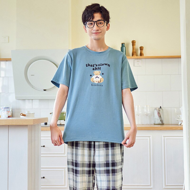 SONG-Conjunto de pijama de algodón para hombre, pantalones largos de manga corta y cuello redondo, con bonito de dibujos animados a la , para el hogar, 2 piezas, novedad de verano y otoño de