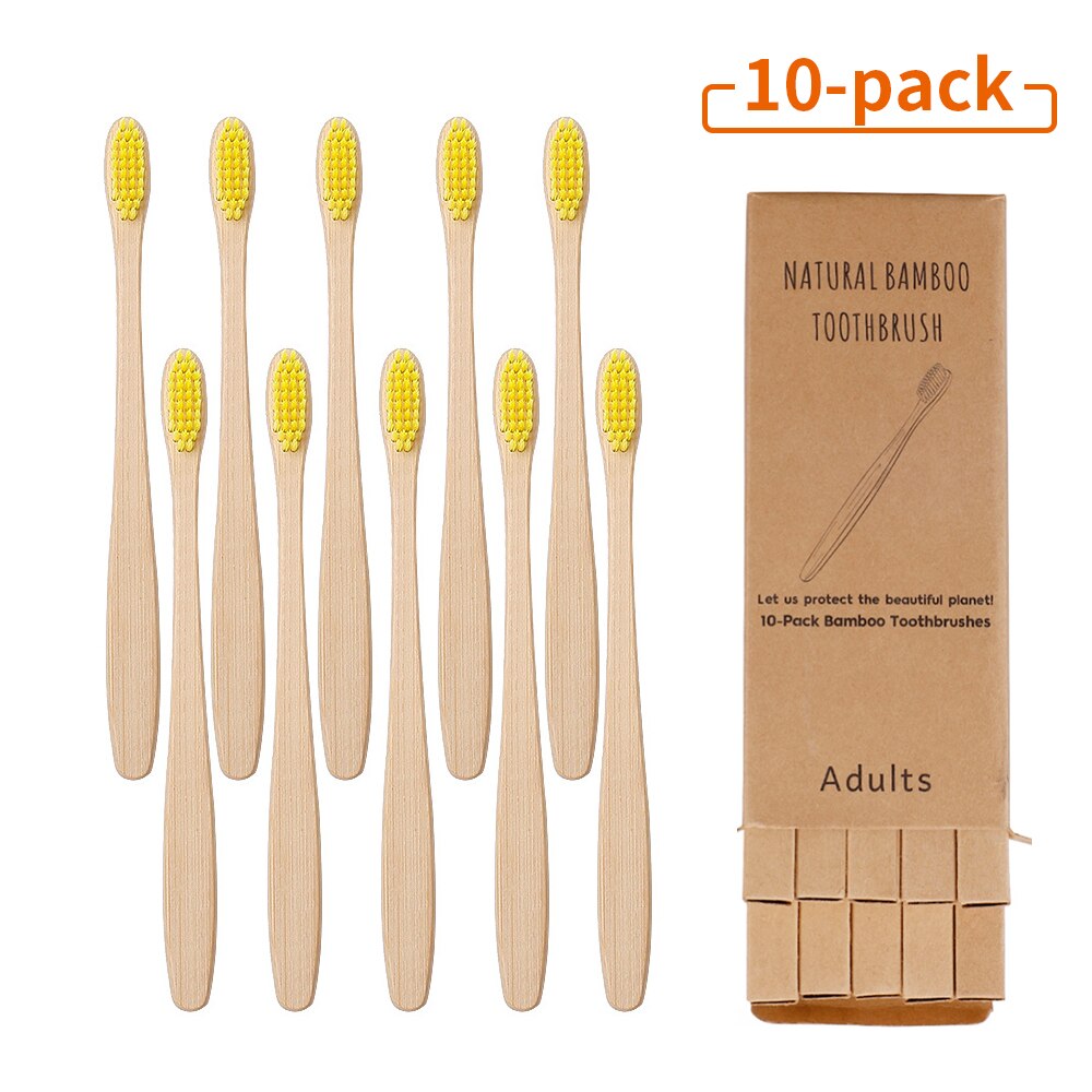 10Pcs Toothbrush Eco-Friendly Rainbow Bamboo Soft Fibre Toothbrush Biodegradable Teeth Brush Solid Bamboo Handle Toothbrush: A33yellow10pcs