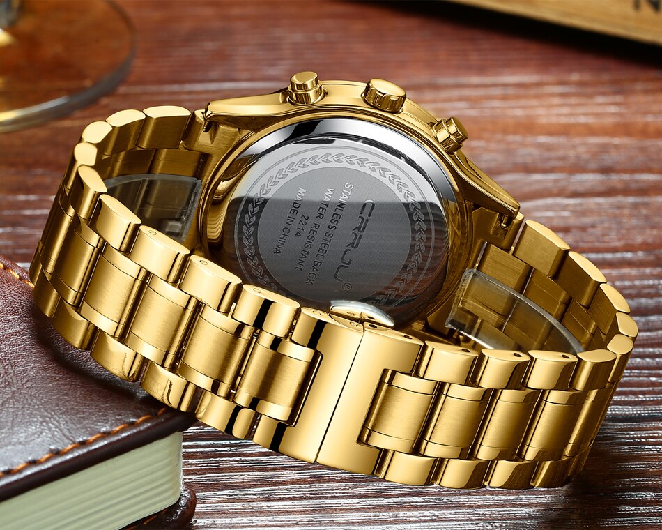 CRRJU cronógrafo relojes duraderos hombres Casual negocios impermeable oro negro Acero completo cuarzo reloj Relogio Masculino 2214