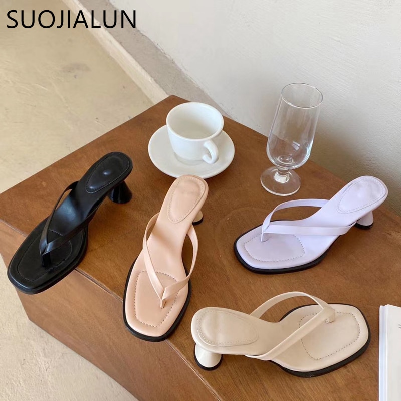 Suojialun sommar kvinnor smalband flip flop högklackat tofflor kvinnliga peep toe sandaler för klänning skor tofflor