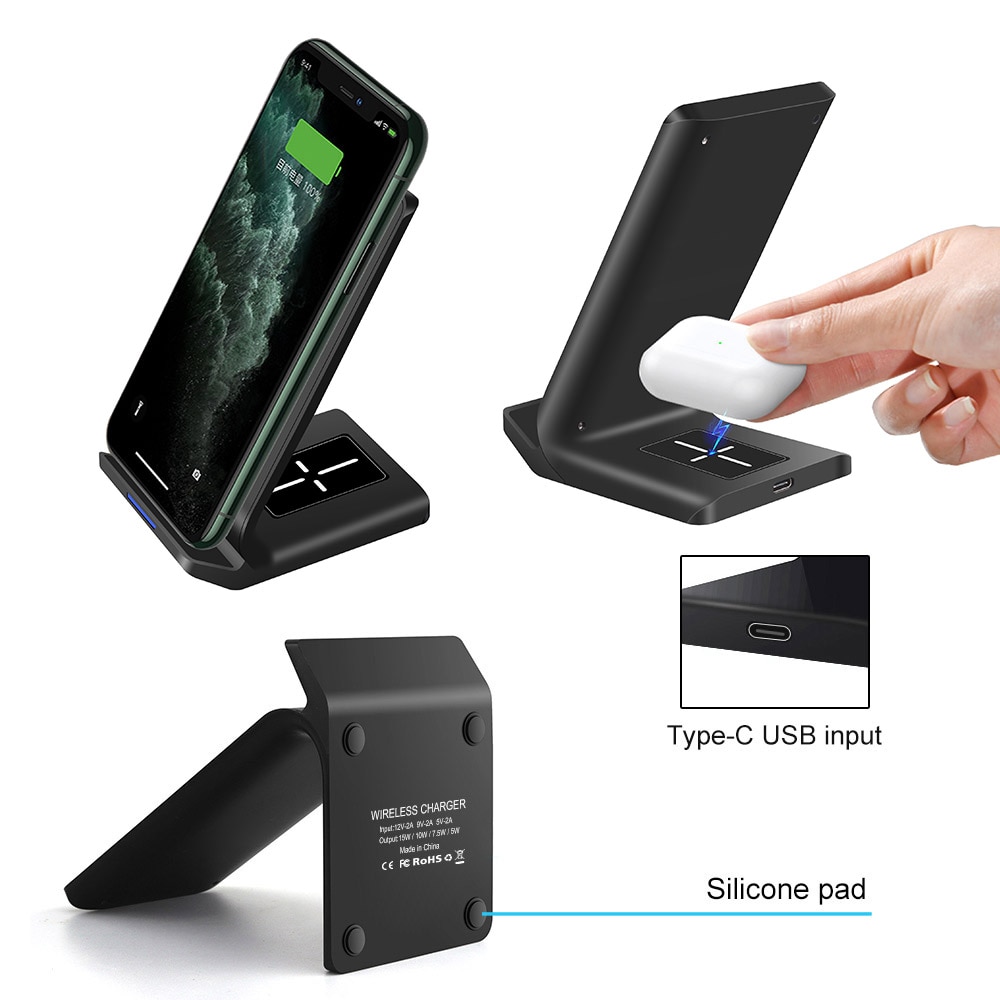 15W Quick Charge 2 in 1 Wireless Charging Stand Dock for iPhone 11 XS XR X 8 Samsung S20 S10 Plus USB C Wireless Charger Holder