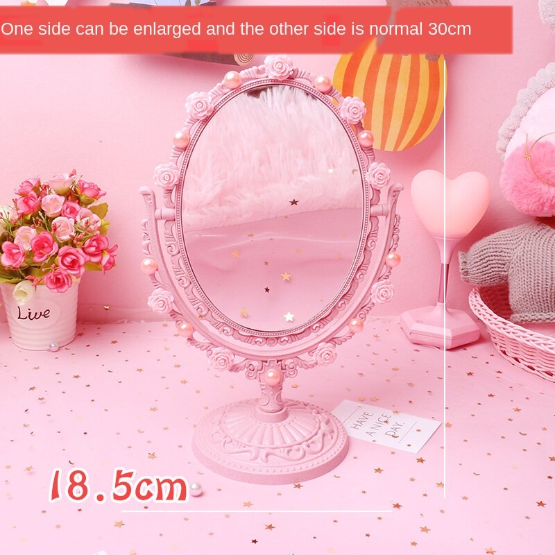 Lyserød udskåret kawaii makeup spejl diy perle toiletbord dekorative spejle værelse indretning forfængelighed spejl plast hjerteformet: Oval
