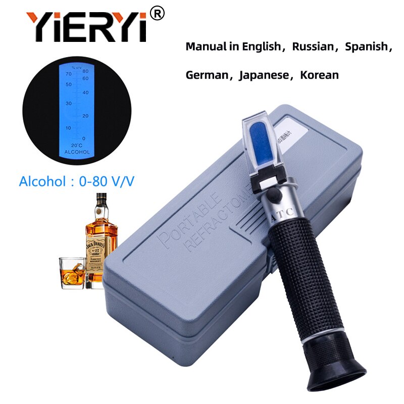 yieryi Portable Refractometer For Liquor Alcohol Content Tester 0-80% V/V ATC Refractometer With The Retail Box