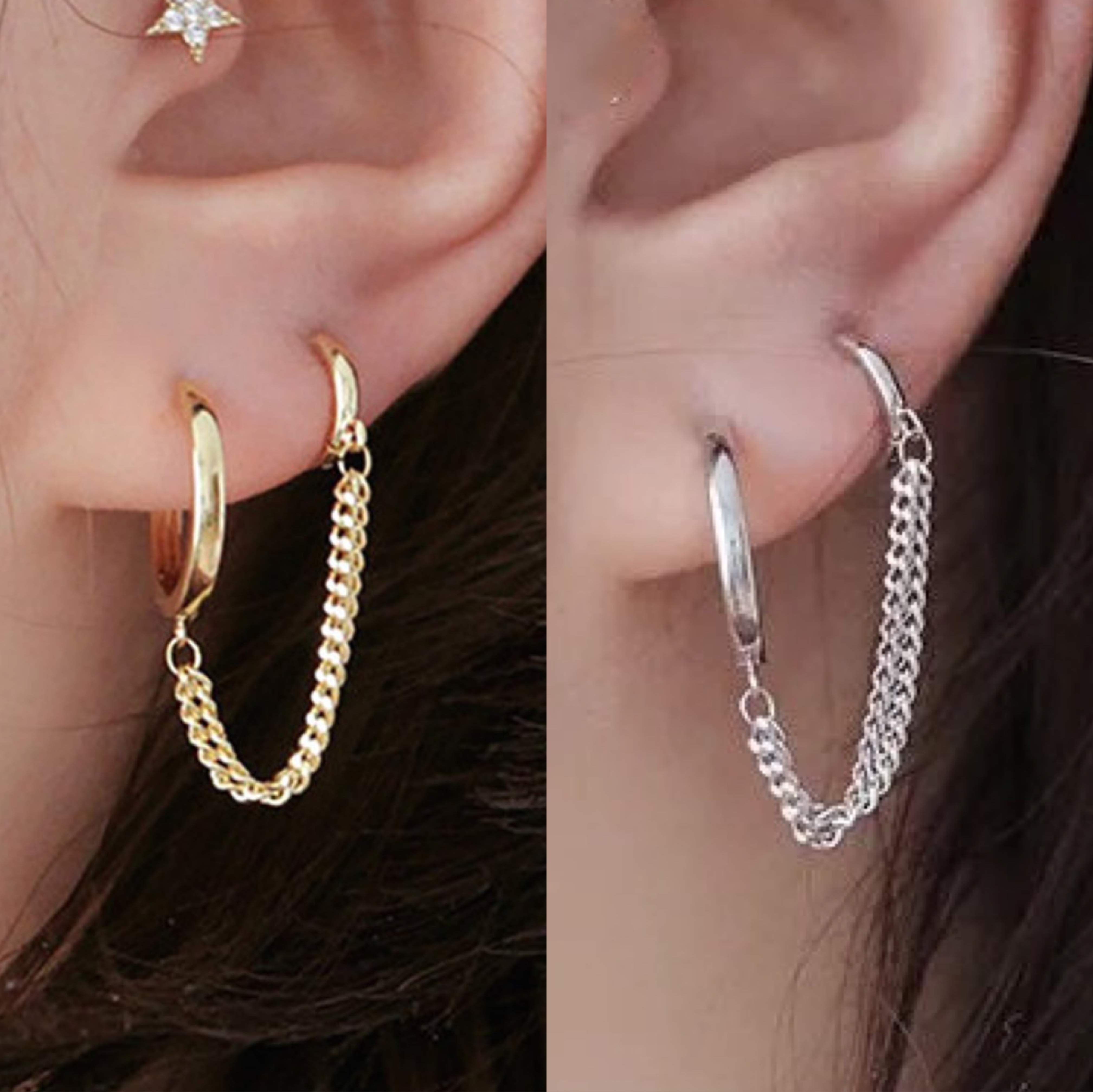 1Pcs Rvs Dubbele Oor Gat Link Chain Hoop Earring Voor Vrouwen Oor Sieraden Accessoires Cadeau