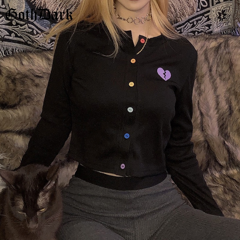 Goth Dark Long Sleeve Gothic T-shirts Women Harajuku Punk Grunge Autumn Winter Cropped Female T-shirt Button