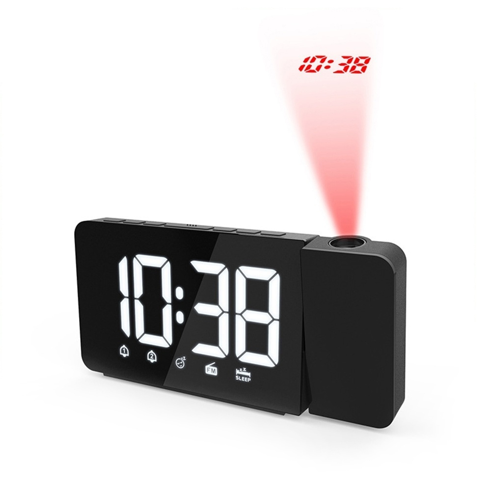 Cyfrowy budzik z projekcją czasu doprowadziło, radiem fm i funkcją drzemki, zegar stołowy z regulowanym oświetleniem i pamięcią czasu: Biały