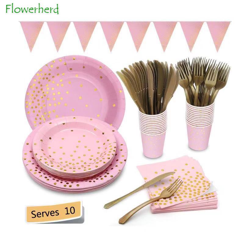 Roze Feestartikelen Set Stippen Papieren Borden Wegwerp Servies Set Servetten Cups Vork Messen Lepel Verjaardag Bruiloft Baby Shower