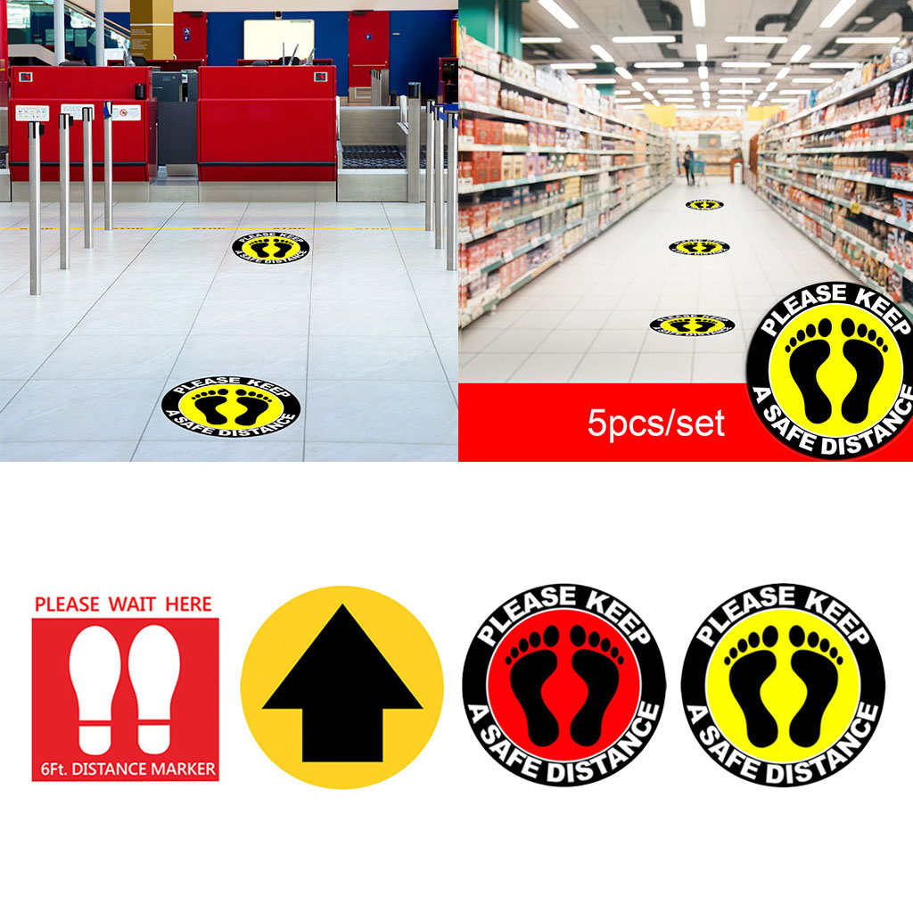Social Distancing Floor Decal Stickers - Anti-Slip Safety Floor Sign Marker - Stand Here Keep Distance Round(5 Pack)