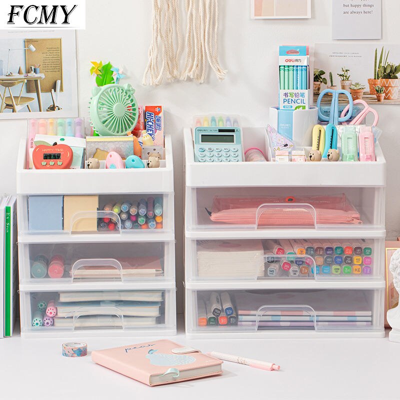 Cute Multi-storey Drawer Desktop Organizer Desk Storage Box Free Sticker home Transparent Desk Stationery office Accessories