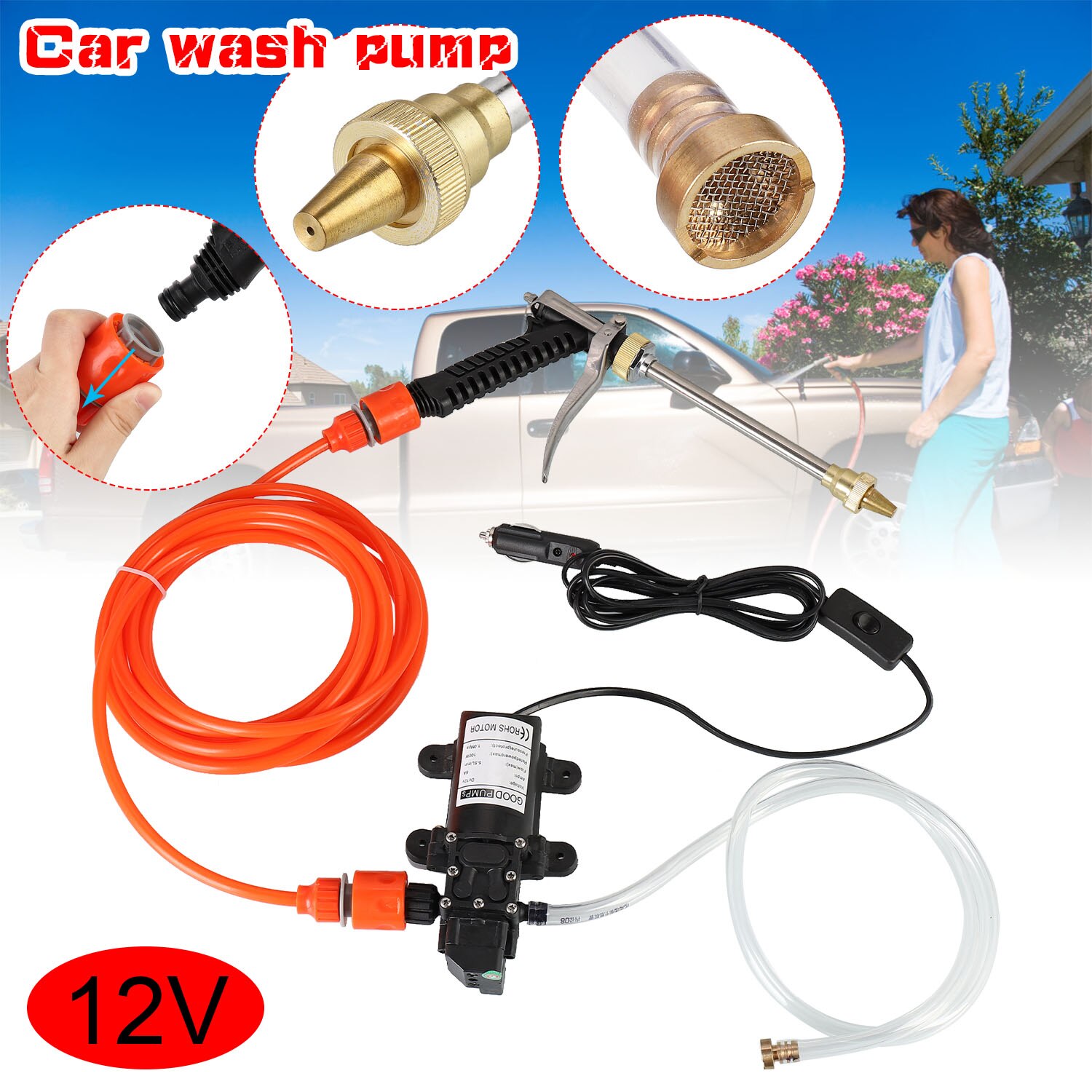 Portable 12V Car High Pressure Washer Water Pump Kit Jet Wash Cleaner Hose Van ​100W Washing Pump