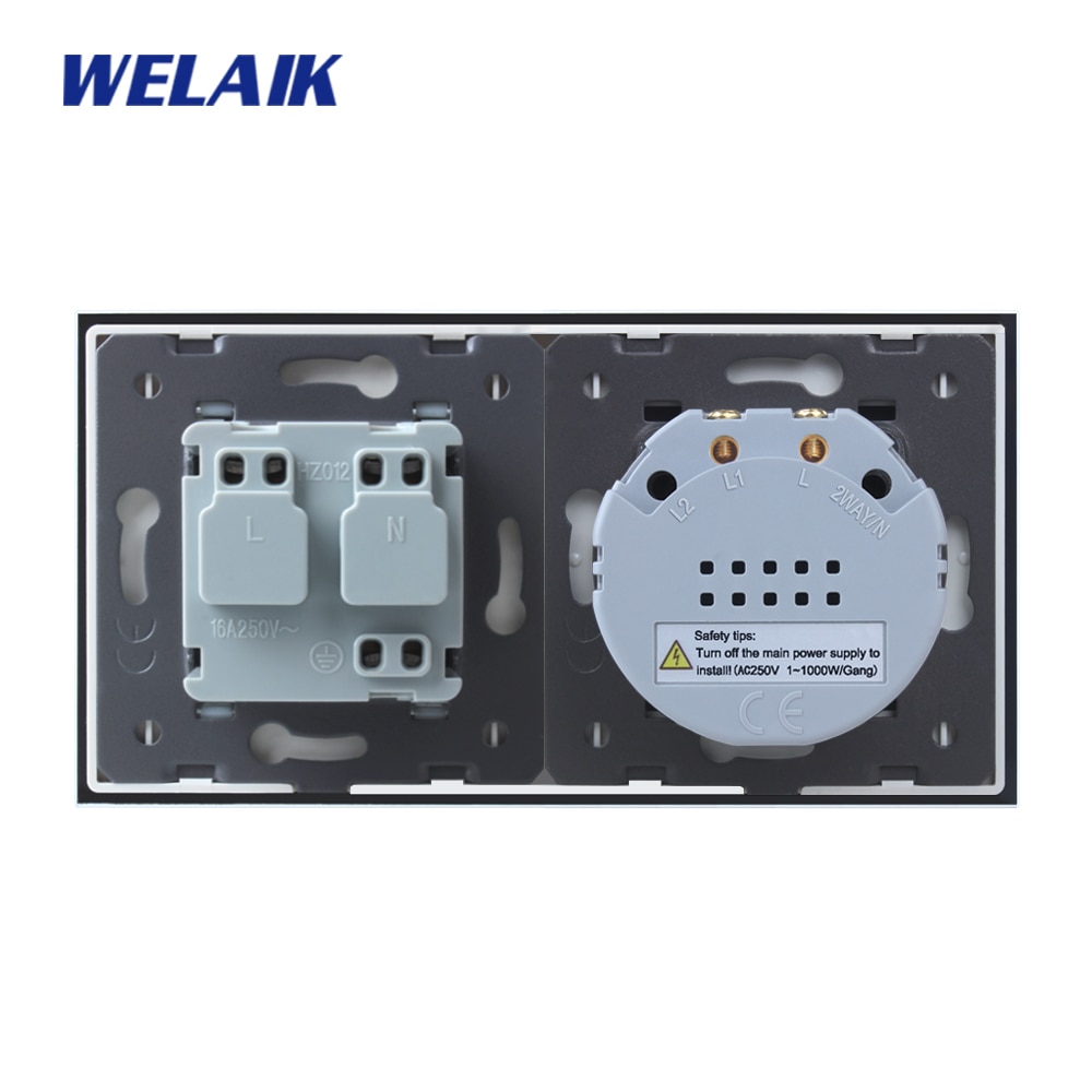 WELAIK 2Frame-Crystal Glass-Panel Wall-Switch EU Touch-Switch-Screen EU Wall-Socket 1gang-1way AC250V A29118ECW/B