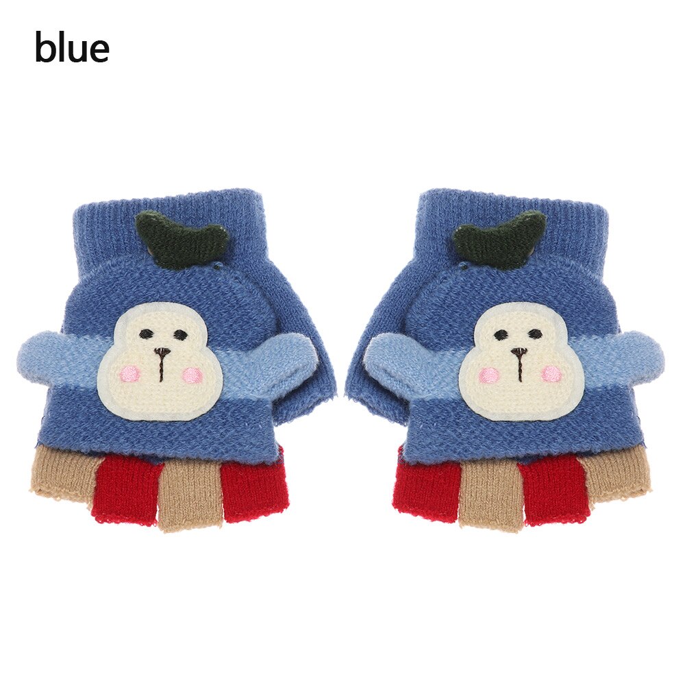 1 par bonito dos desenhos animados crianças luvas de malha meninos meninas inverno quente metade dedo flip superior luvas sem dedos para 3-8 anos de idade: blue
