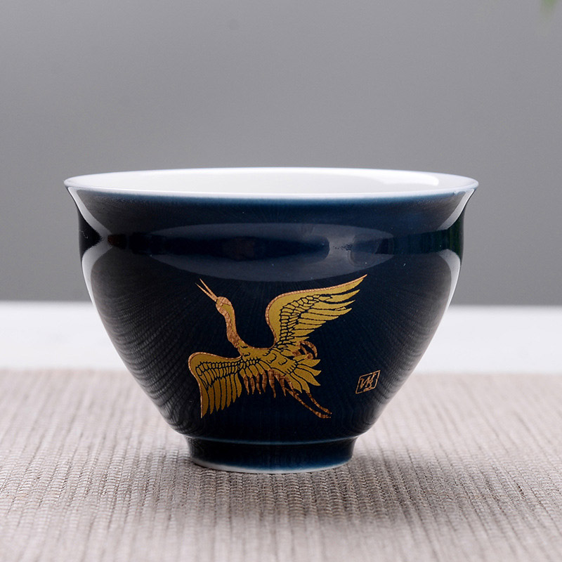 Indigo glasyr keramisk tekopp, målad gyllene kranmönster resor teskål kinesisk porslin tekopp set kung fu tekopp 75ml: 07