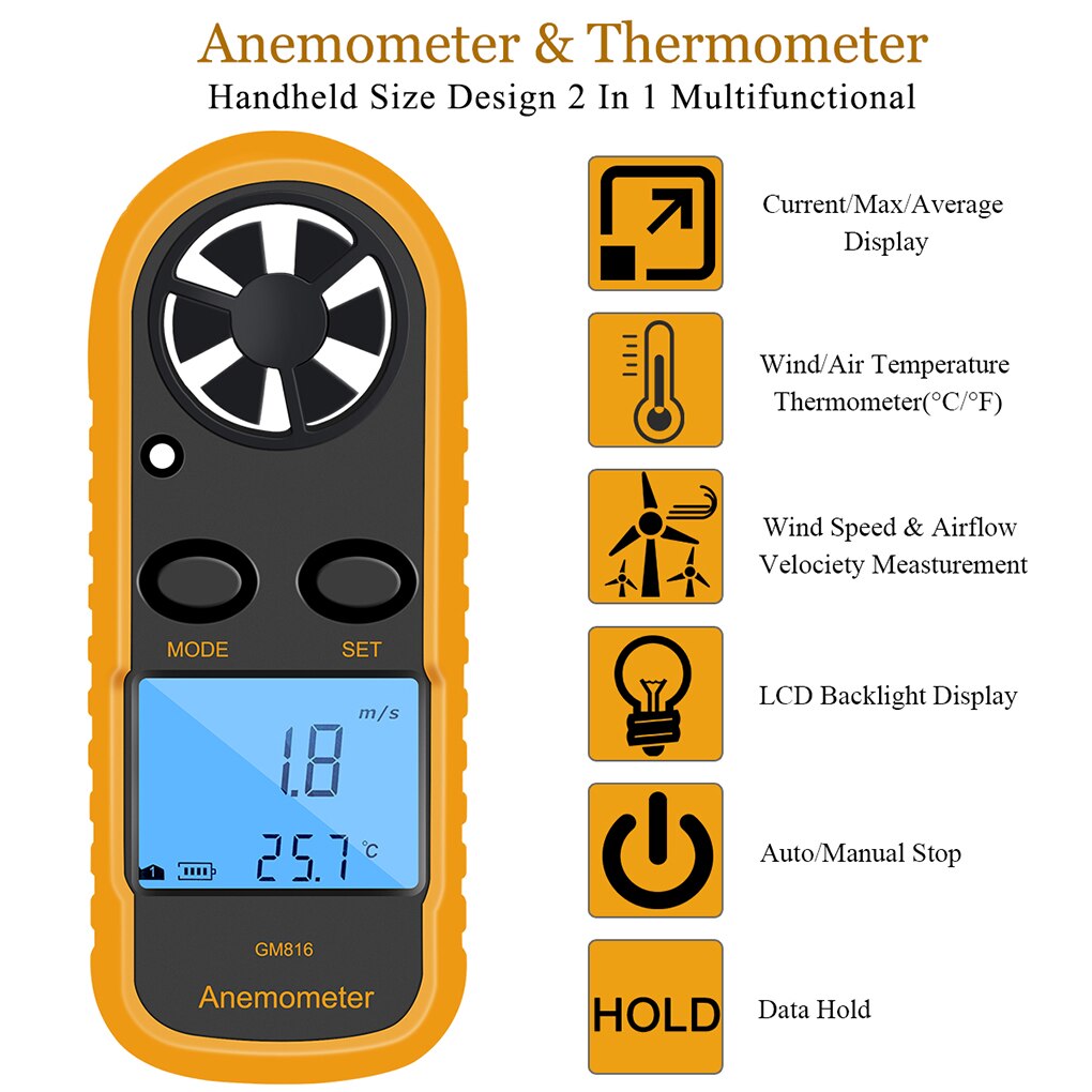 Digital Anemometer Wind Speed Gauge LCD Display Handheld Airflow Windmeter Temperature Tester With Battery Anemometer Tester