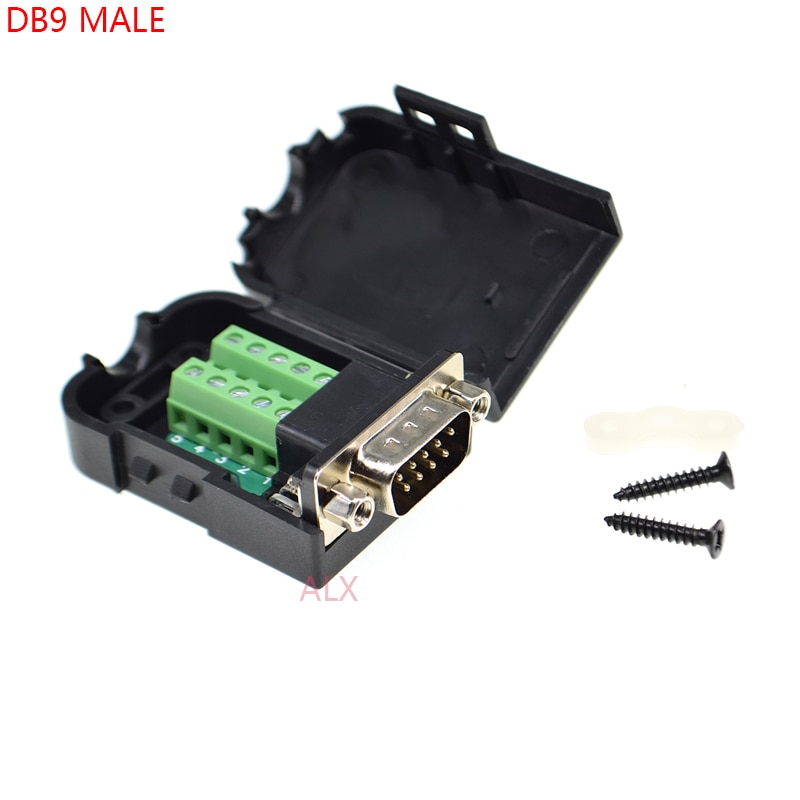 1PCS DB9 9PIN male plug serial port connector terminal adapter with black shell D-SUB COM RS232 RS485 wire cable free solder