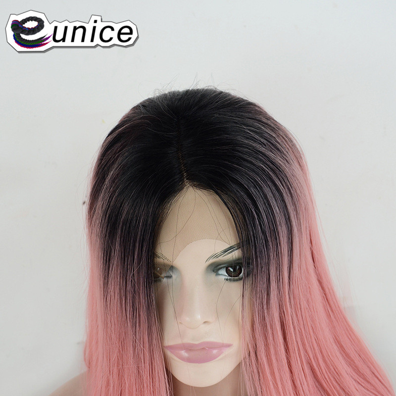 Eunice Hair Synthetic Lace Front Wig Ombre Dark Roots To Pink/Green Color Silky Straight BOB Hairstyle Women Wigs 14" 150density