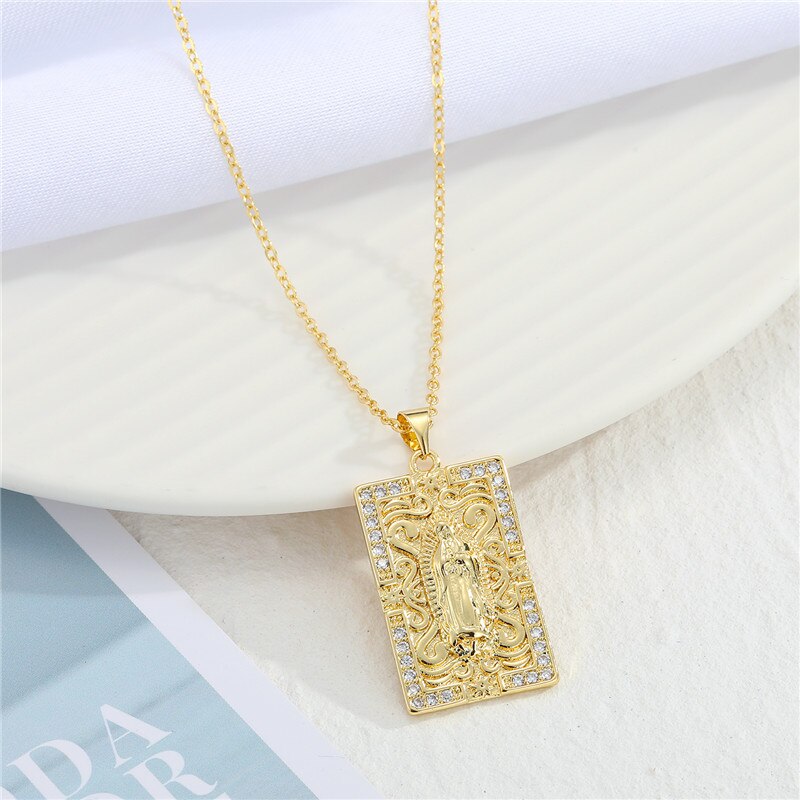 1 Pc Kleurrijke Maagd Maria Ketting Voor Vrouwen Sieraden Vintage Hollow Shiny Zirkoon Ronde Geometrische Hanger Sleutelbeen Keten N698-33: fangxing