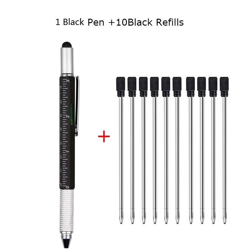 6 In 1 Multi Tool Pen Multifunction Screwdriver Precision Ruler Caliper Ballpoint Pens for Phone Touch Creativity Level Meter: 1 Black 10 Black ink