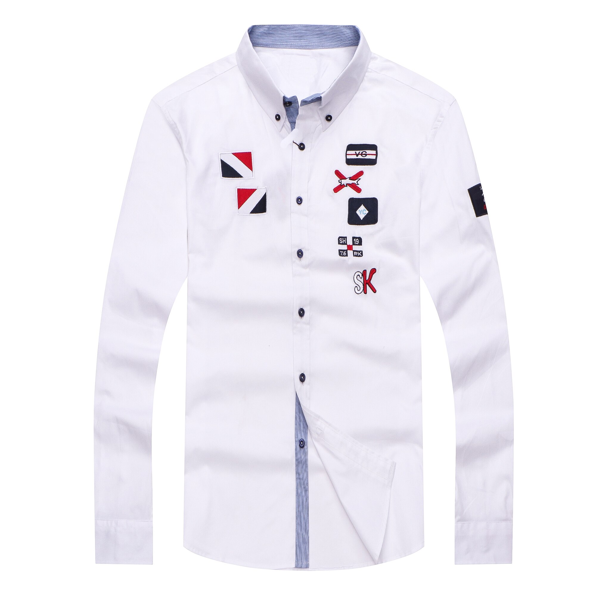 Borduurwerk Heren Casual Katoen Business Shirts Streetwear Luxe Mannen Lange Mouw Shark Shirts M-XXL: WHITE / Xl