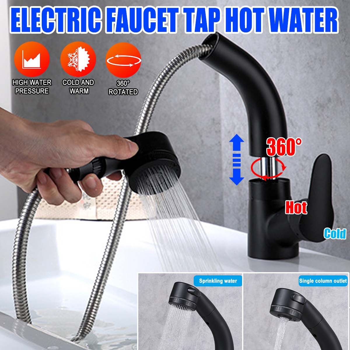 3S Quick Heating & Cold TapsBlack Kitchen Mixer Taps Pull Out 360Swivel Spout Spray Sink Basin Brass Faucet Pull Out Faucet