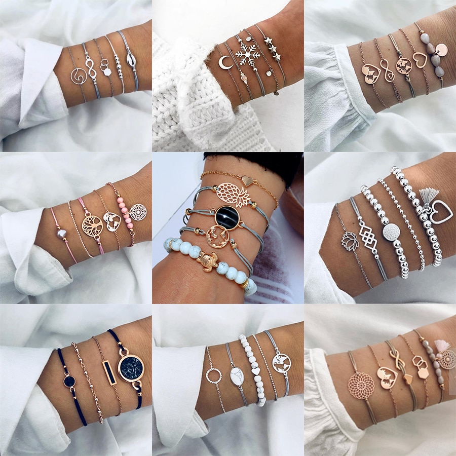 Boho Rose Kaart Armbanden & Armbanden Voor Vrouwen Bohemian Ronde Kralen Charm Armband Set Multilayer Accessoires Bijoux
